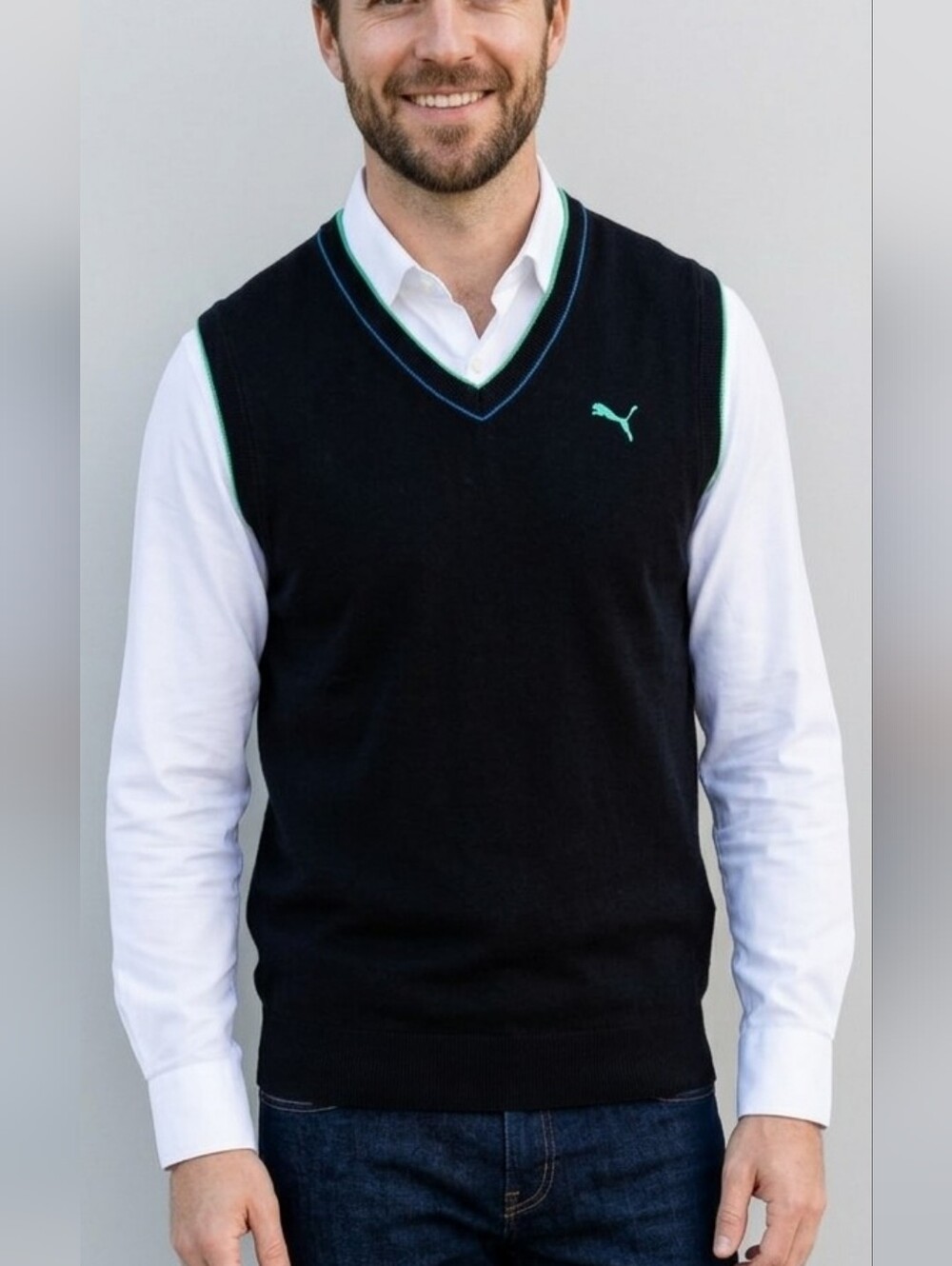 Puma Black V-Neck Sweater Vest Size S Teal Green Trim Golf Preppy Knit